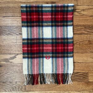 Fred Perry 100% Pure New Wool Plaid Fringe Scarf Red/White/Green 12” X 69”
